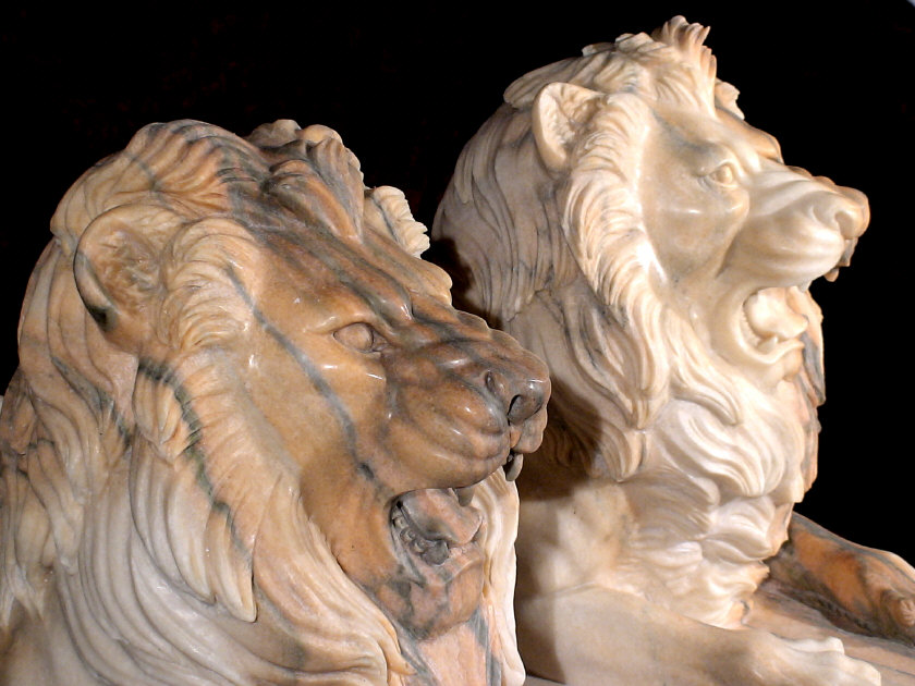Pair of Lions Hand Carved in Orange Marble